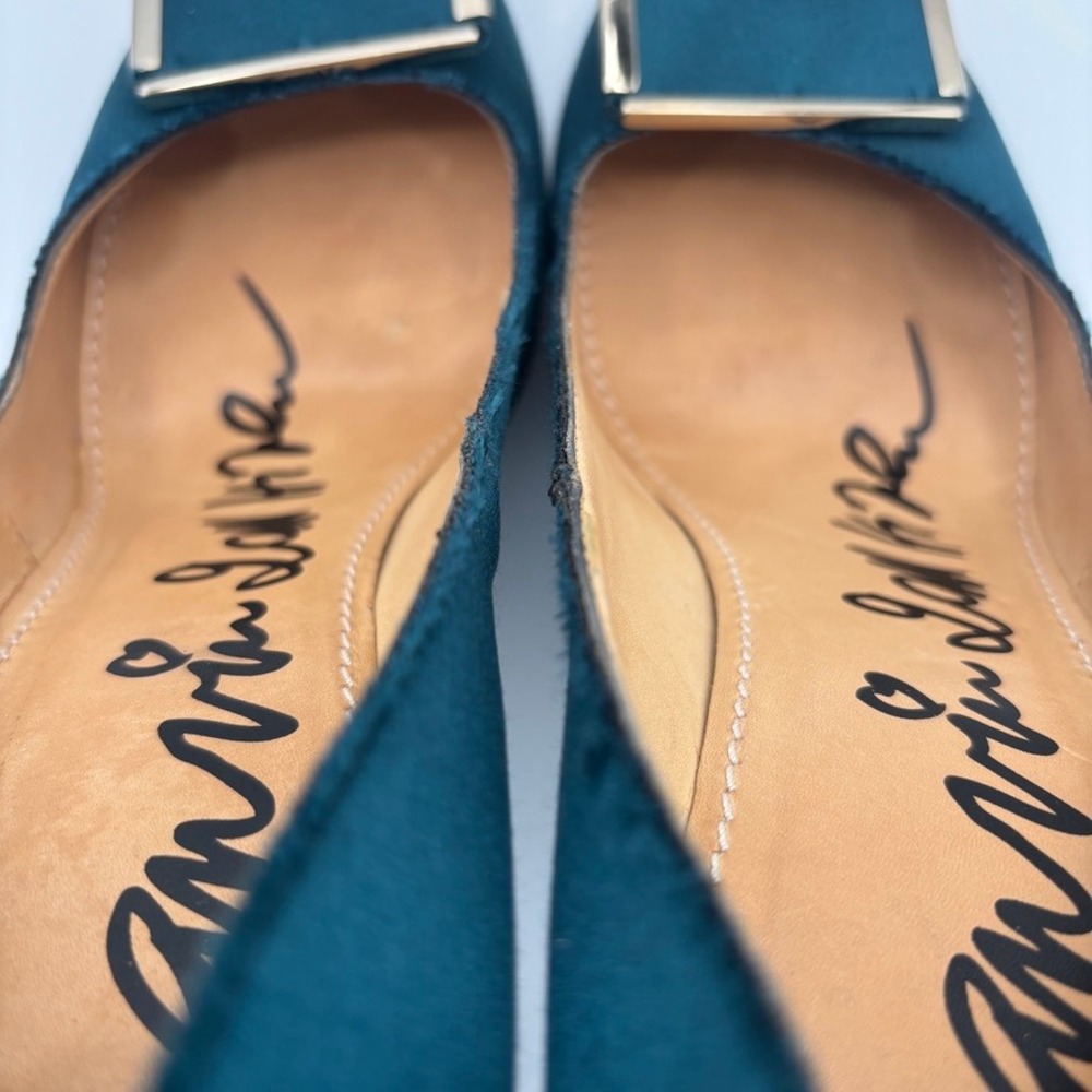Lanvin Platform Pumps Women Sz 39 Teal Satin Buckle Stiletto Heel Luxury - Picture 16 of 16